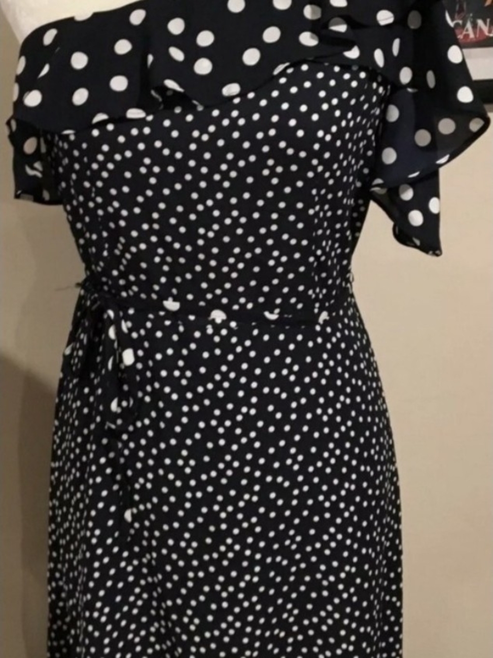 A NEW DAY NAVY and White Polka Dot Off-Shoulder Dress